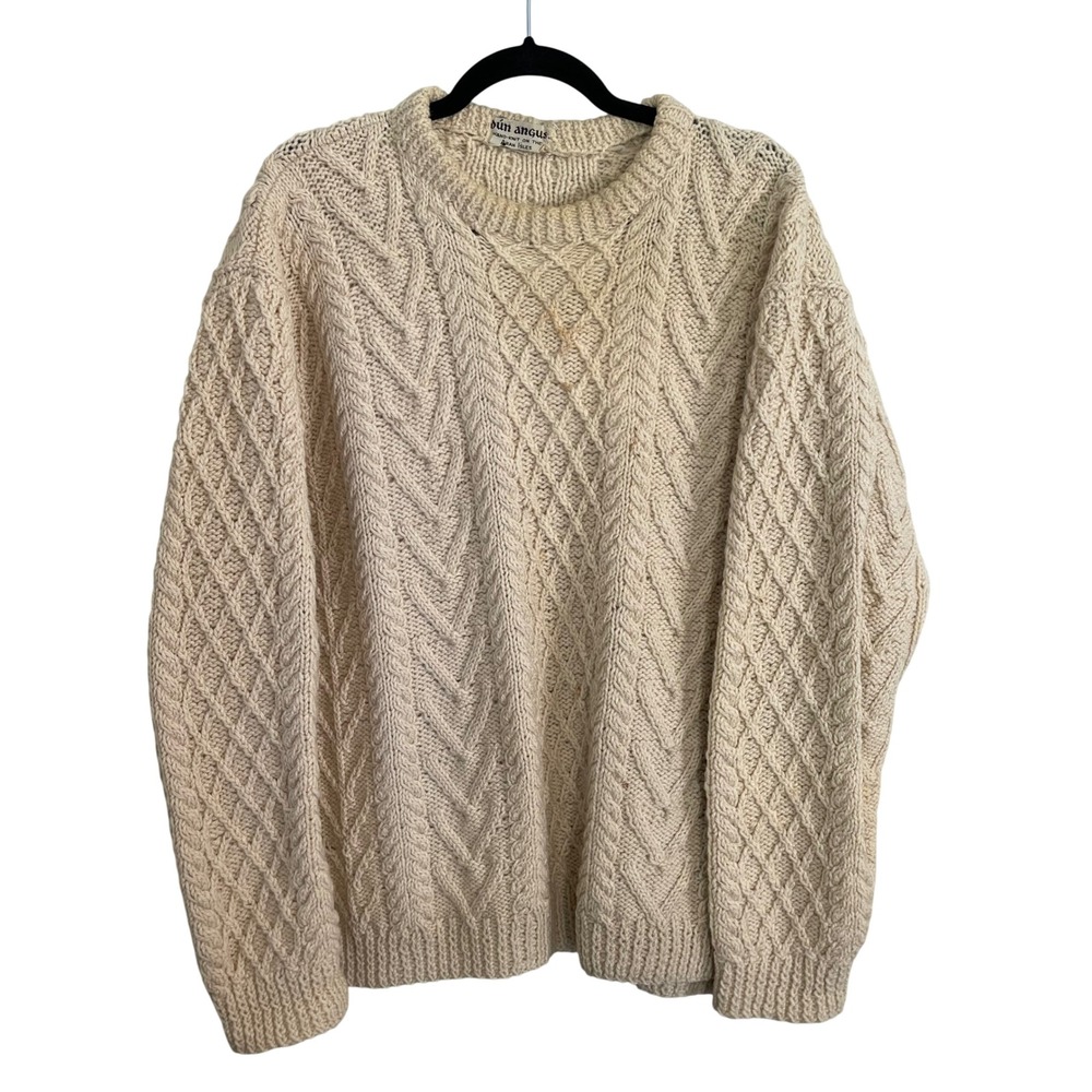 Dun Angus Hand Knit Aran Isles Wool Fisherman Sweater Cream Cable Knit Pullover